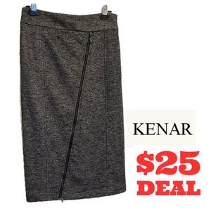 Kenar Straight Midi Knit Skirt with Asymmetrical Zip in Black/Grey Melange Size4